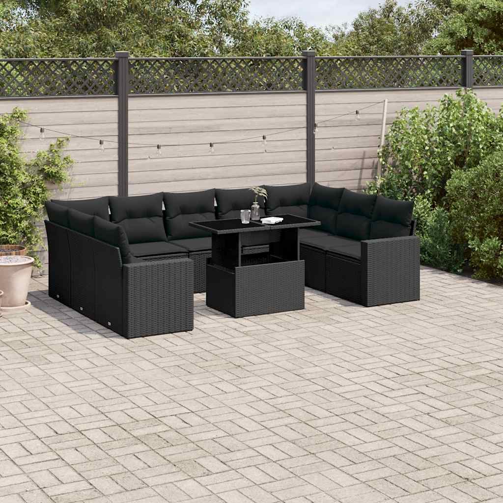 10 pcs conjunto sofás de jardim c/ almofadões vime PE preto