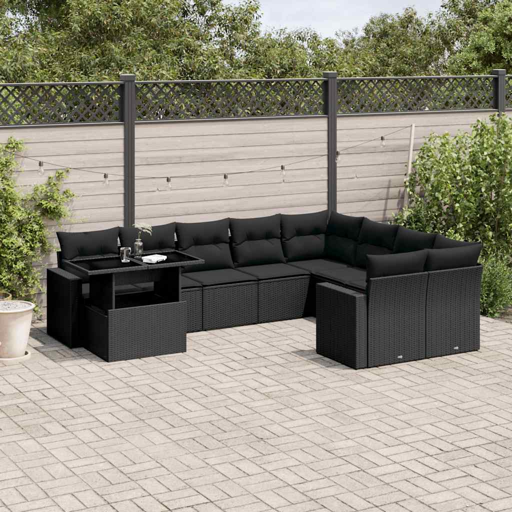 10 pcs conjunto sofás de jardim c/ almofadões vime PE preto