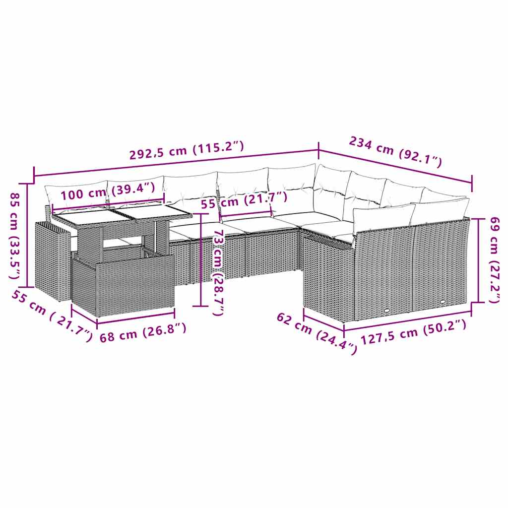 10 pcs conjunto sofás de jardim c/ almofadões vime PE preto