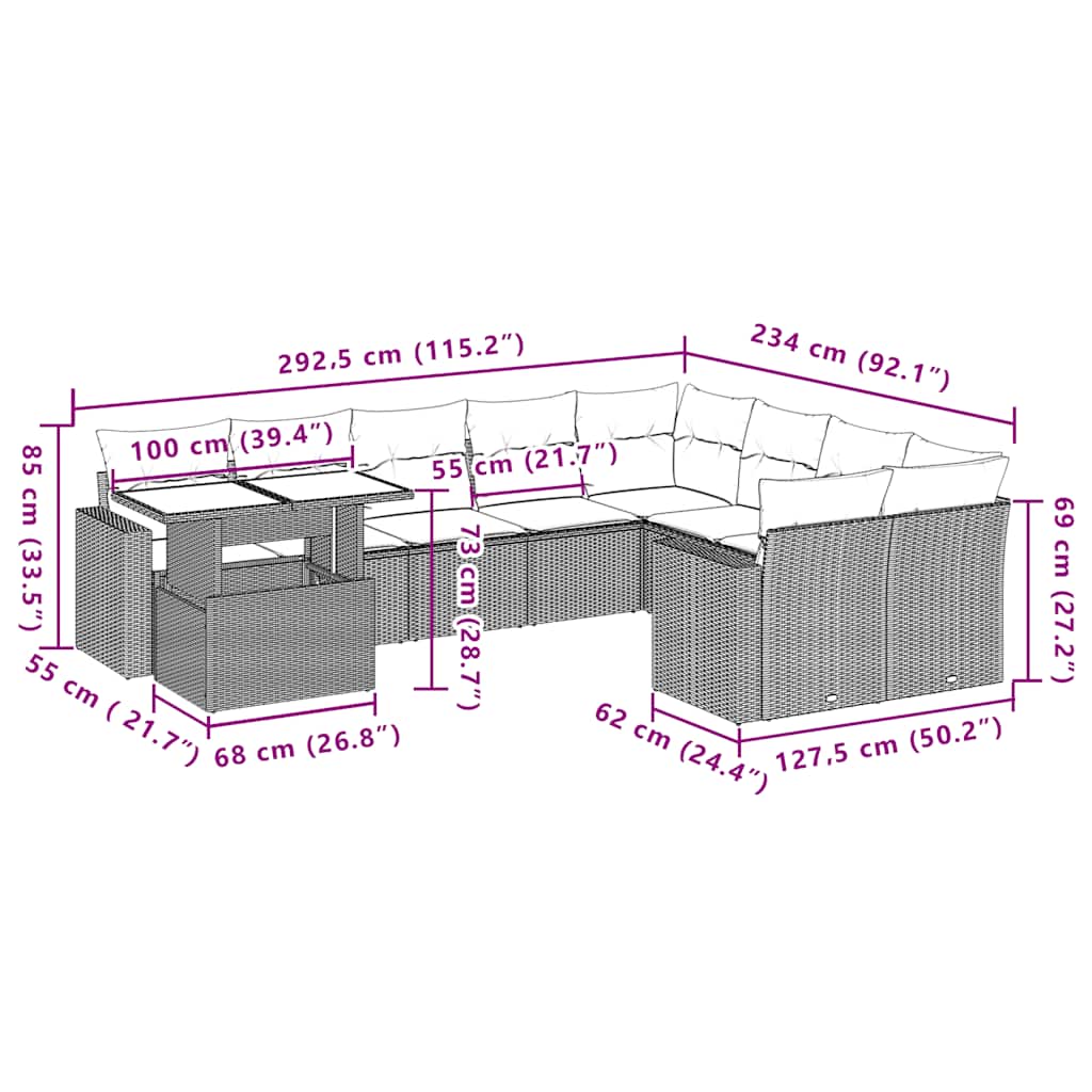 10 pcs conjunto de sofás p/ jardim com almofadões vime PE bege