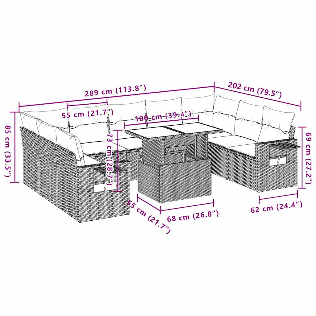 10 pcs conjunto sofás de jardim c/ almofadões vime PE preto