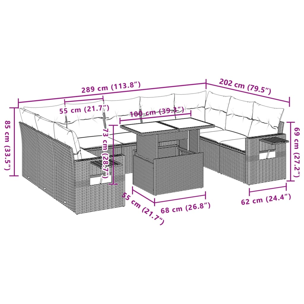 10 pcs conjunto de sofás p/ jardim com almofadões vime PE bege