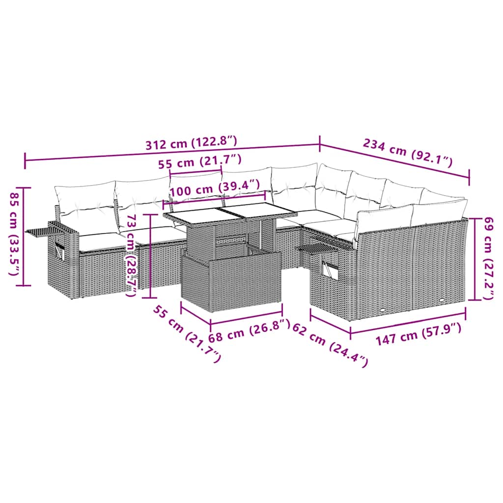 10 pcs conjunto sofás de jardim c/ almofadões vime PE preto