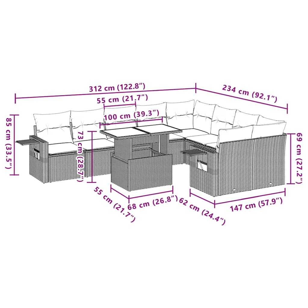 10 pcs conjunto sofás de jardim c/ almofadões vime PE preto
