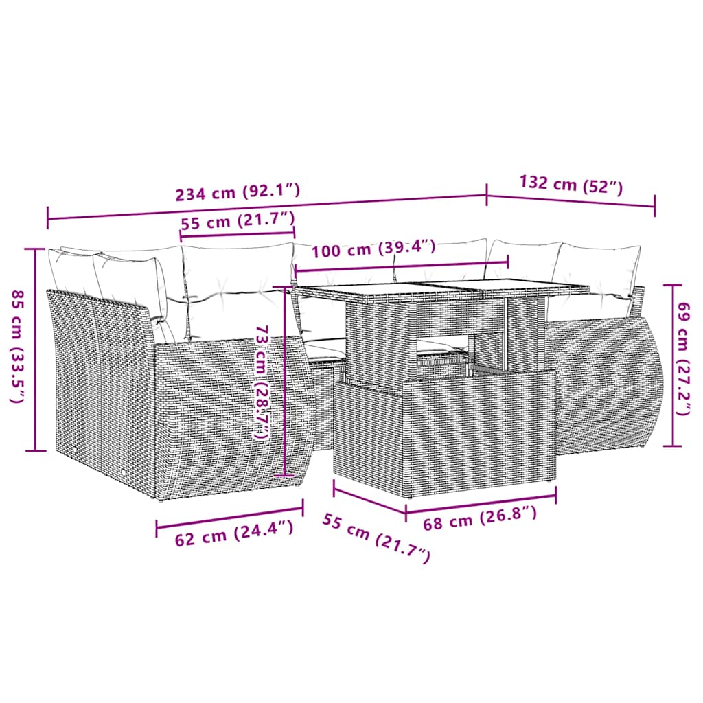 7 pcs conjunto de sofás p/ jardim com almofadões vime PE bege