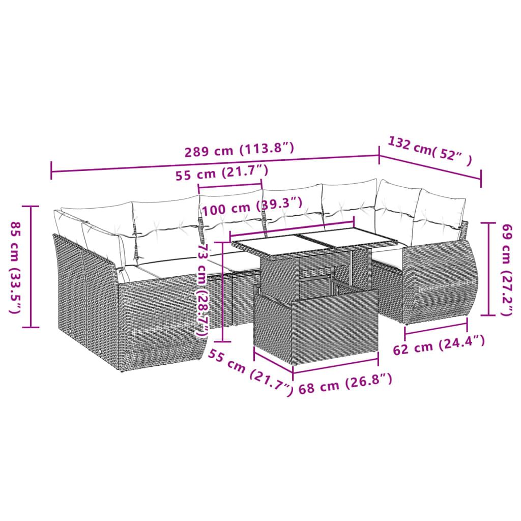 8 pcs conjunto sofás de jardim c/ almofadões vime PE castanho