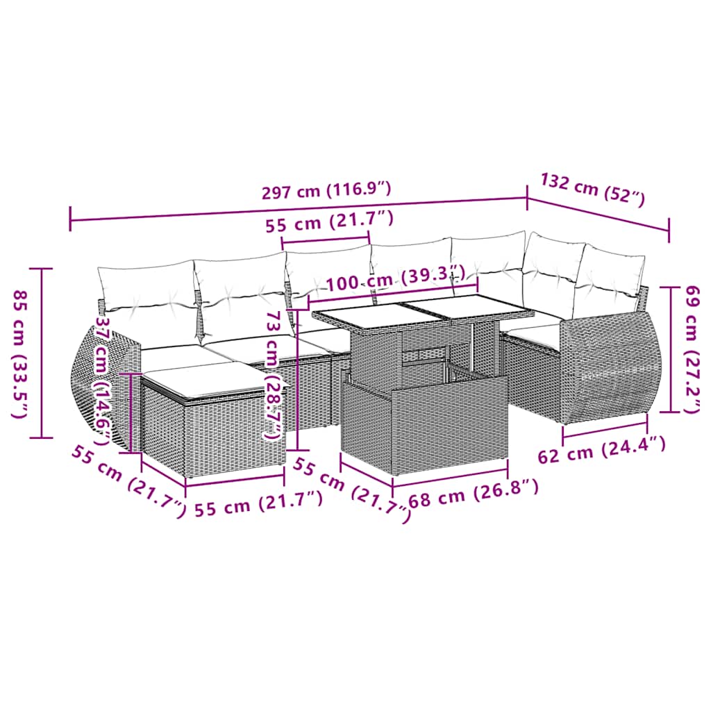 8 pcs conjunto sofás de jardim c/ almofadões vime PE castanho