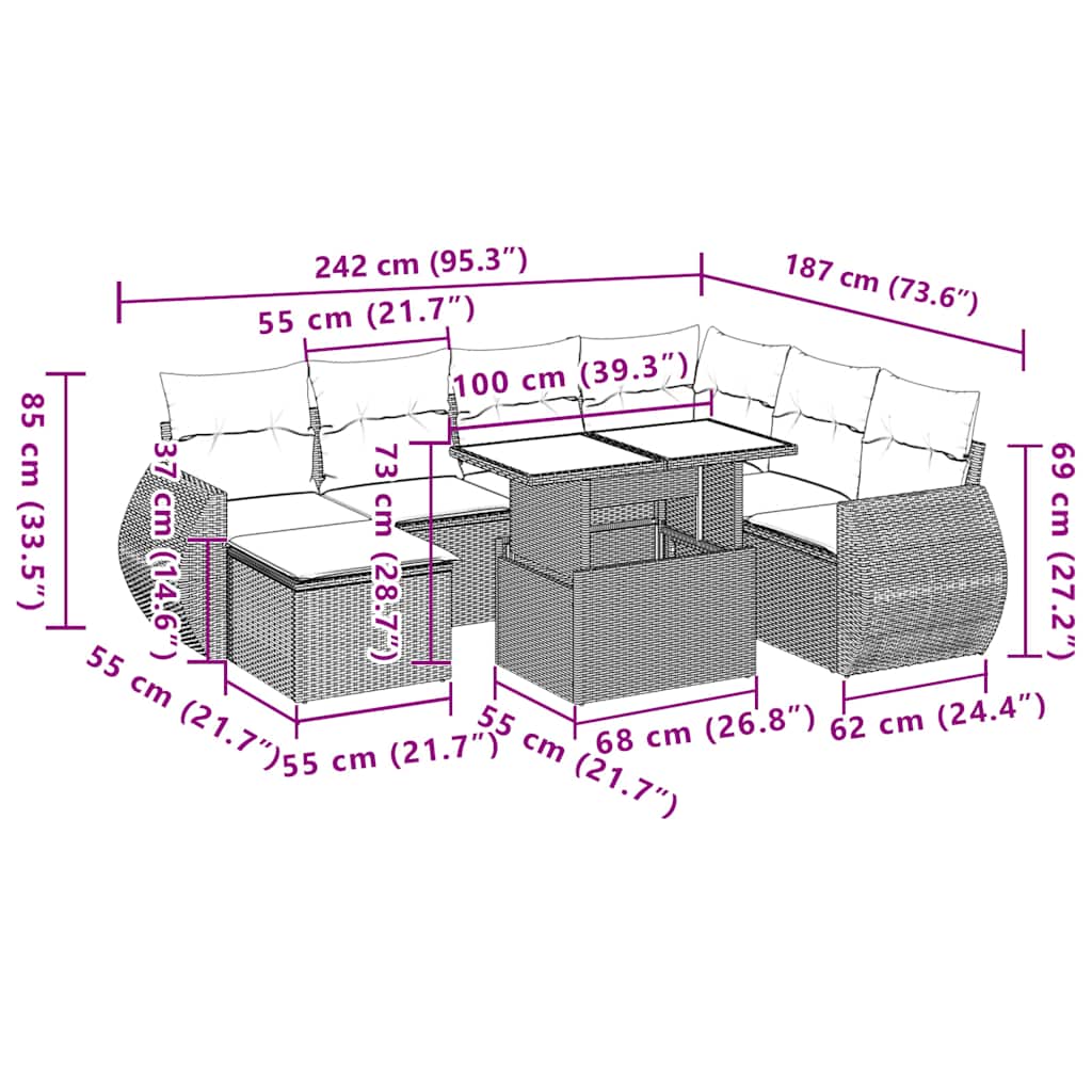 8 pcs conjunto sofás de jardim c/ almofadões vime PE castanho