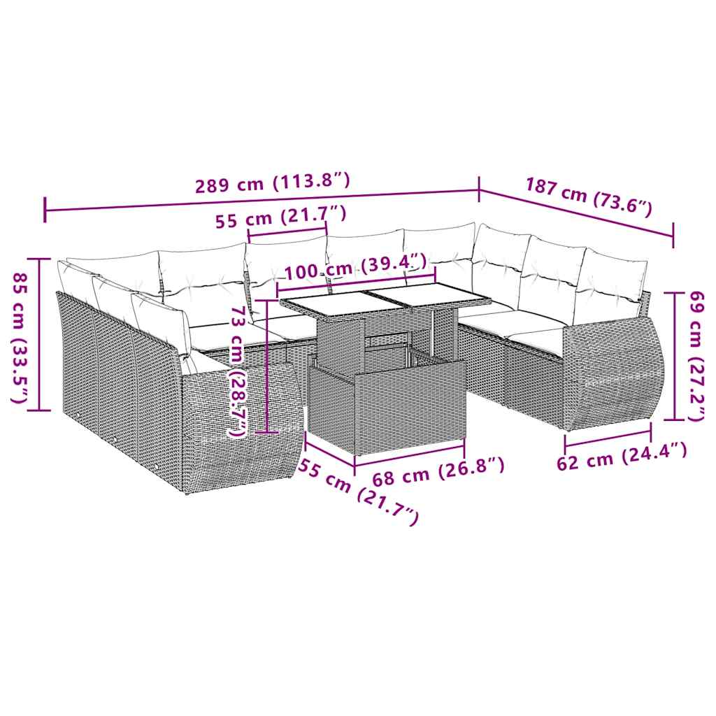 10 pcs conjunto sofás de jardim c/ almofadões vime PE preto