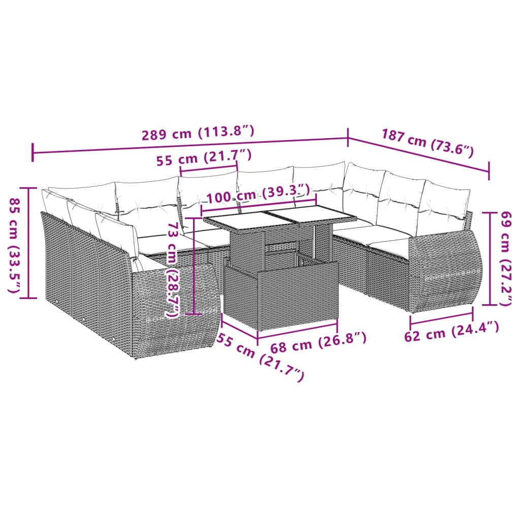 10 pcs conjunto de sofás p/ jardim com almofadões vime PE bege