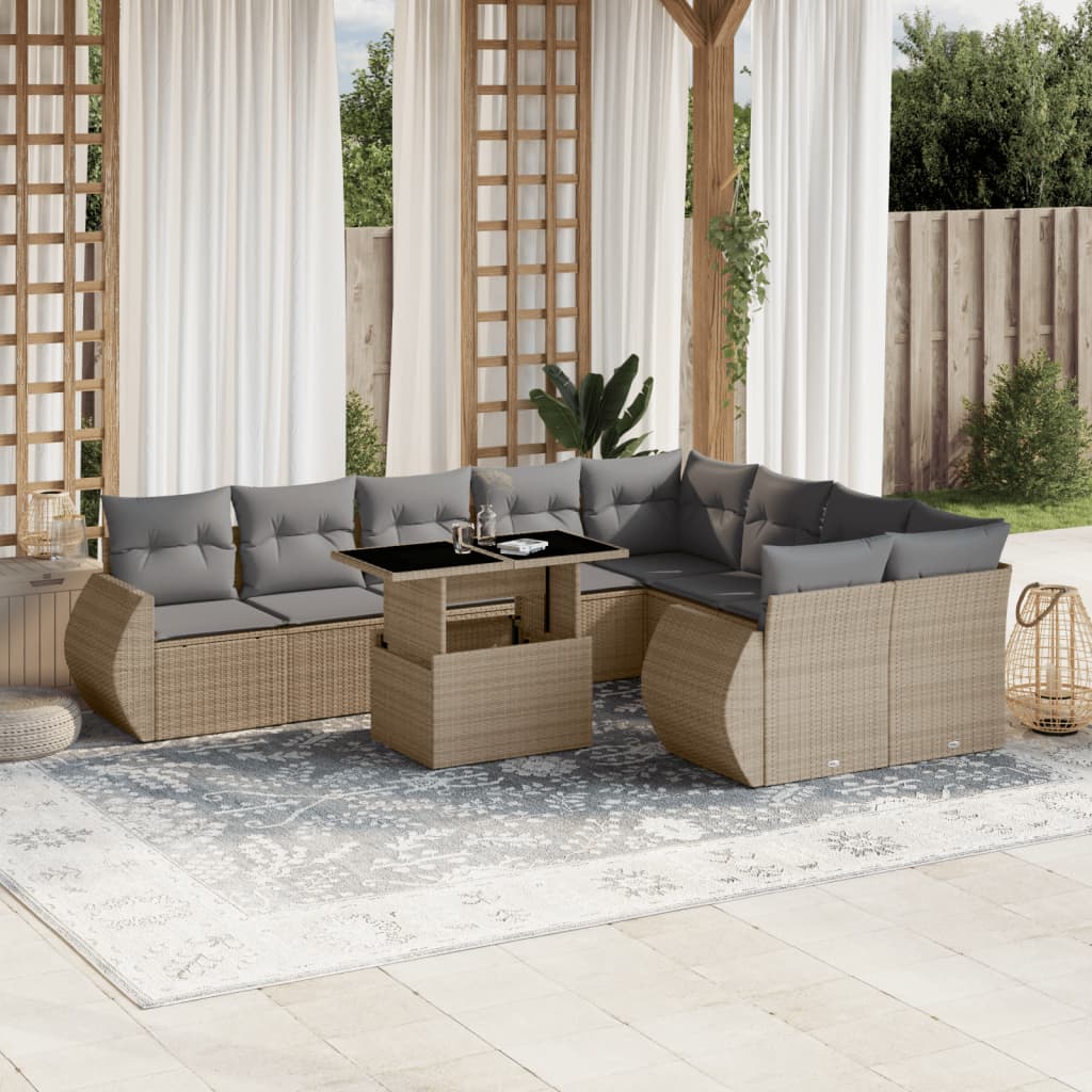 10 pcs conjunto de sofás p/ jardim com almofadões vime PE bege
