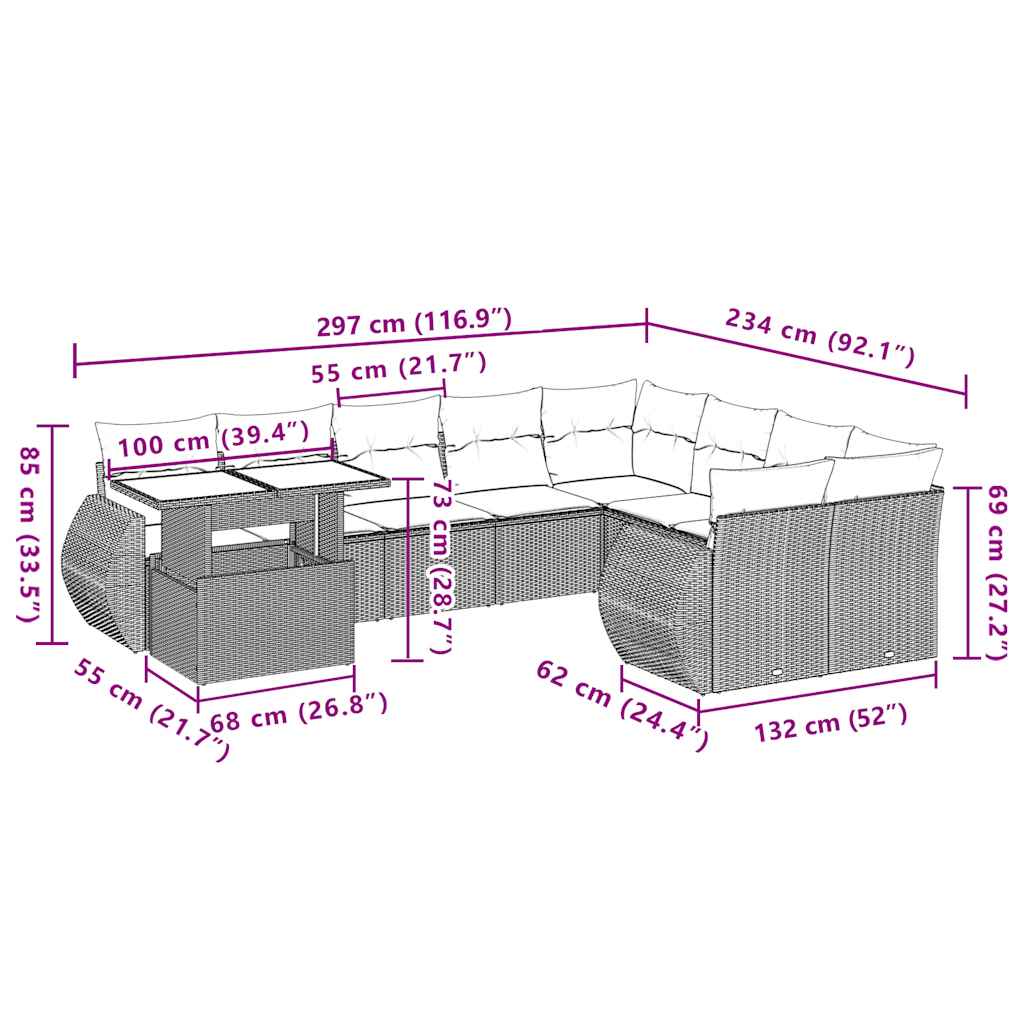 10 pcs conjunto de sofás p/ jardim com almofadões vime PE bege
