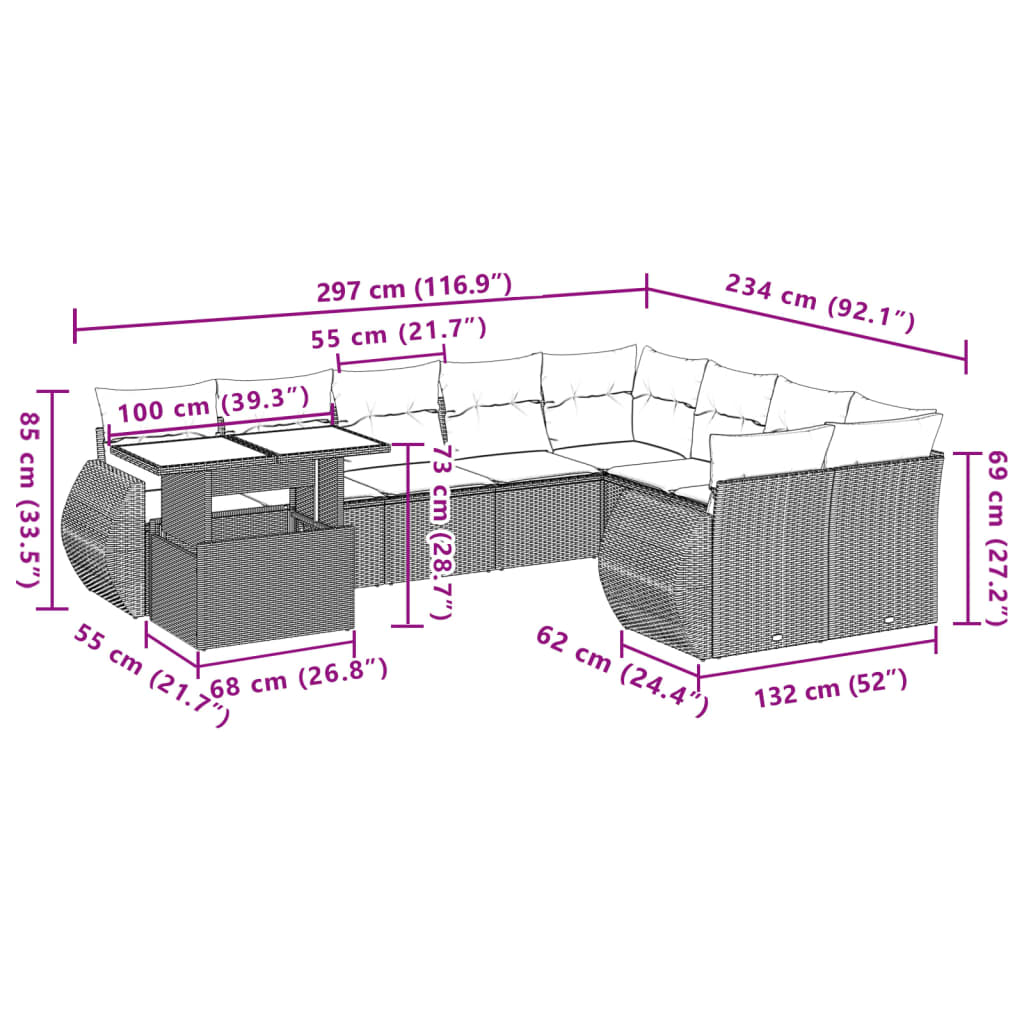 10 pcs conjunto de sofás p/ jardim com almofadões vime PE bege