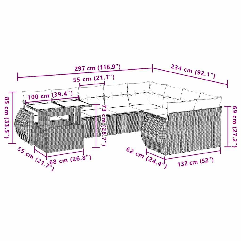 10 pcs conj. sofás jardim com almofadões vime PE cinzento-claro