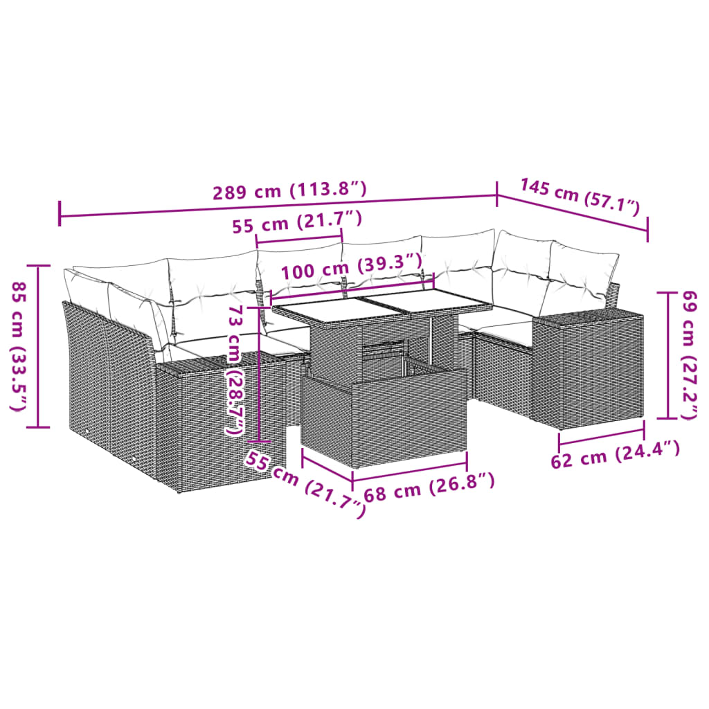 8 pcs conjunto sofás de jardim c/ almofadões vime PE castanho