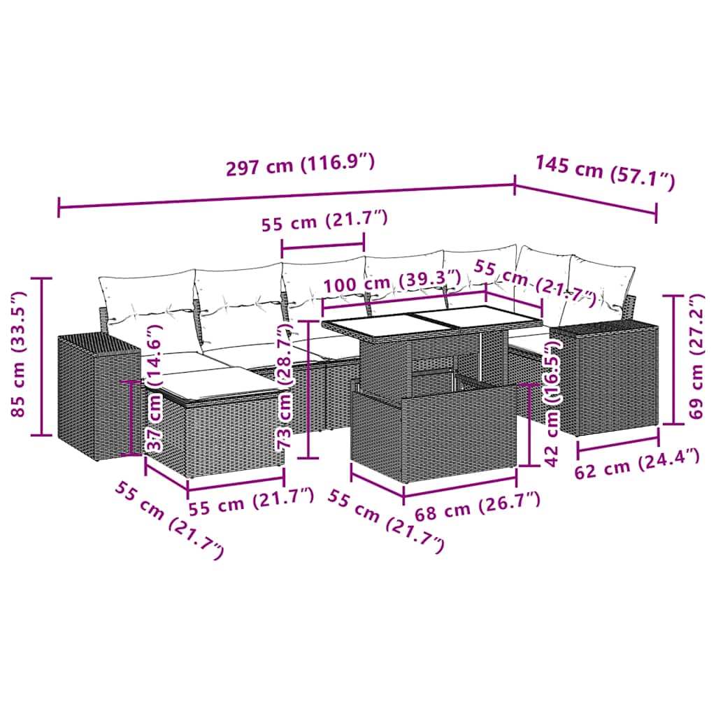 8 pcs conjunto sofás de jardim c/ almofadões vime PE castanho