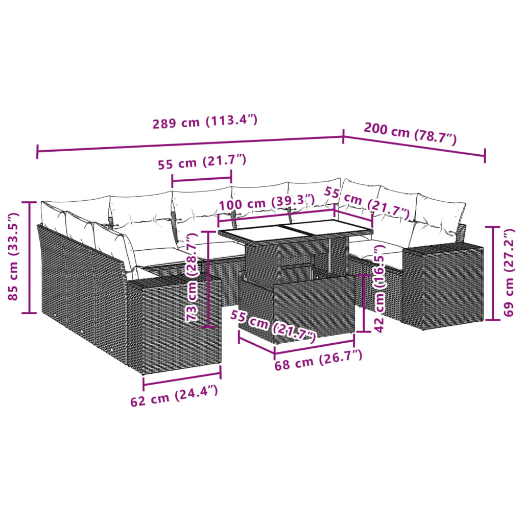 10 pcs conjunto sofás de jardim c/ almofadões vime PE cinzento