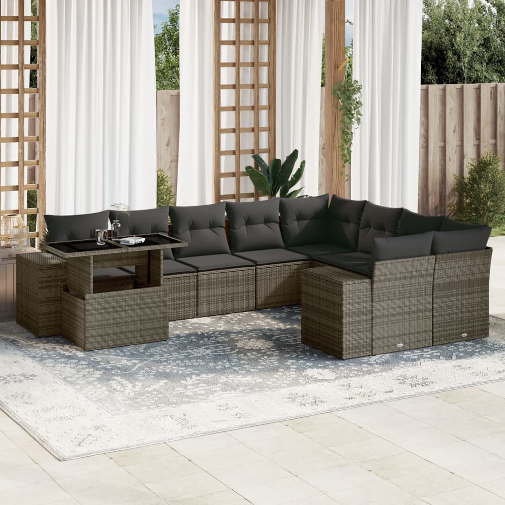 10 pcs conjunto sofás de jardim c/ almofadões vime PE cinzento