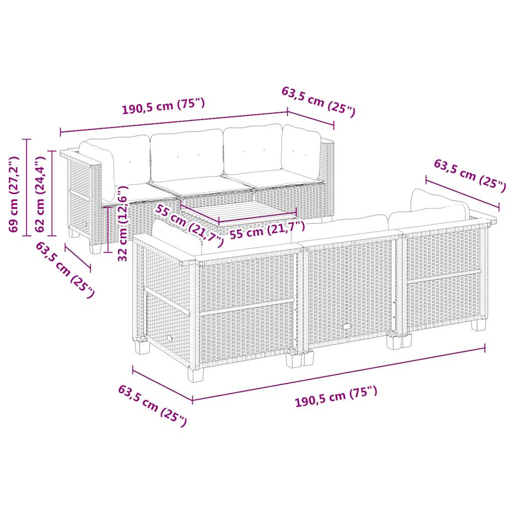 7 pcs conjunto de sofás p/ jardim com almofadões vime PE bege