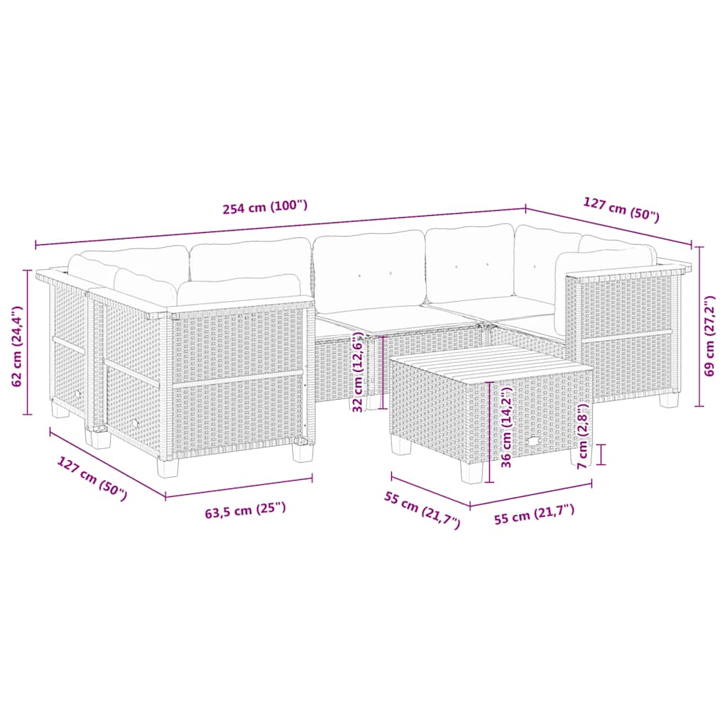 7 pcs conjunto de sofás p/ jardim com almofadões vime PE bege