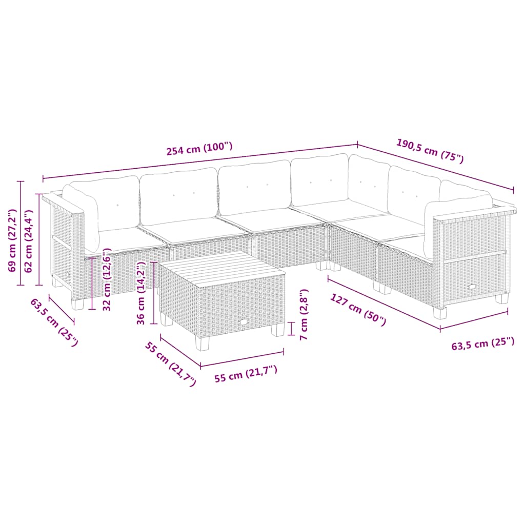 7 pcs conjunto de sofás p/ jardim com almofadões vime PE bege