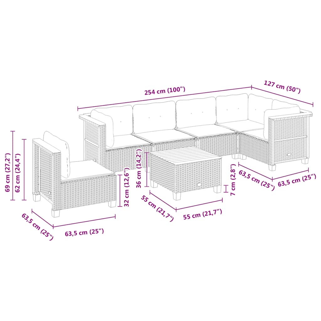 7 pcs conjunto de sofás p/ jardim com almofadões vime PE bege