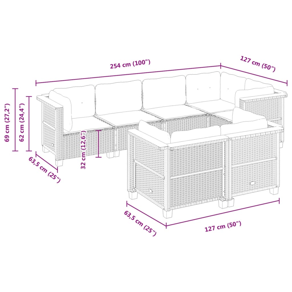 7 pcs conjunto de sofás p/ jardim com almofadões vime PE bege