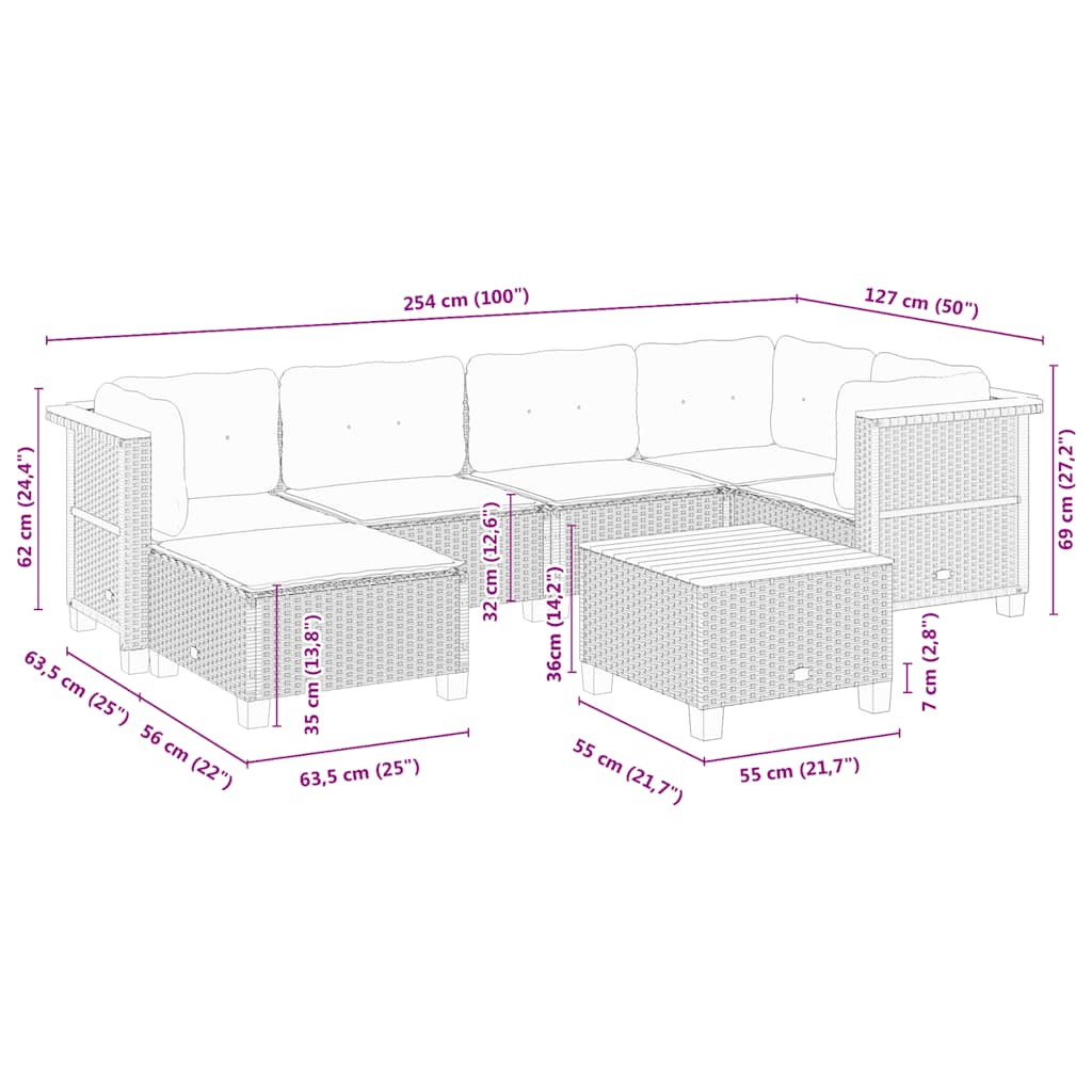 7 pcs conjunto de sofás p/ jardim com almofadões vime PE bege