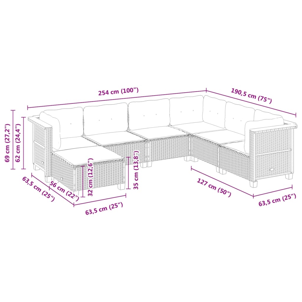 7 pcs conjunto de sofás p/ jardim com almofadões vime PE bege