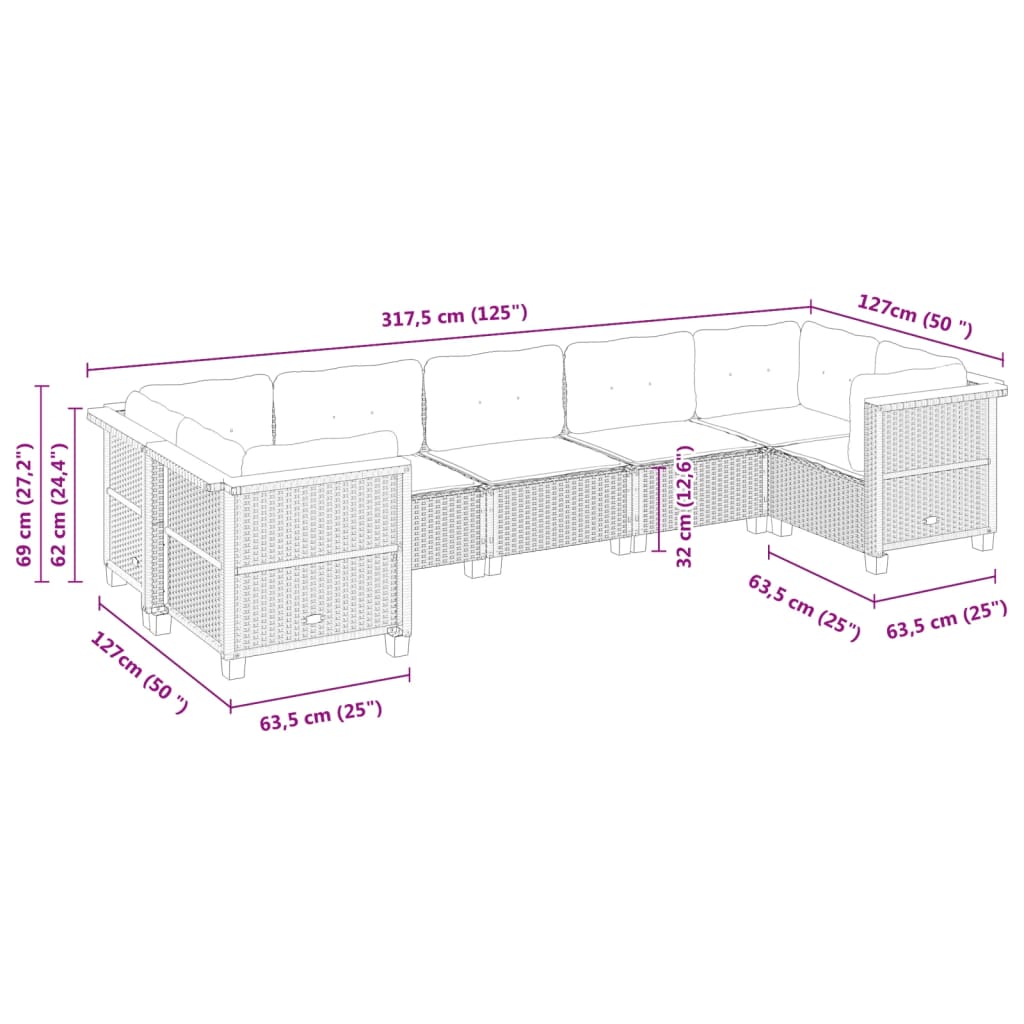 7 pcs conjunto de sofás p/ jardim com almofadões vime PE bege