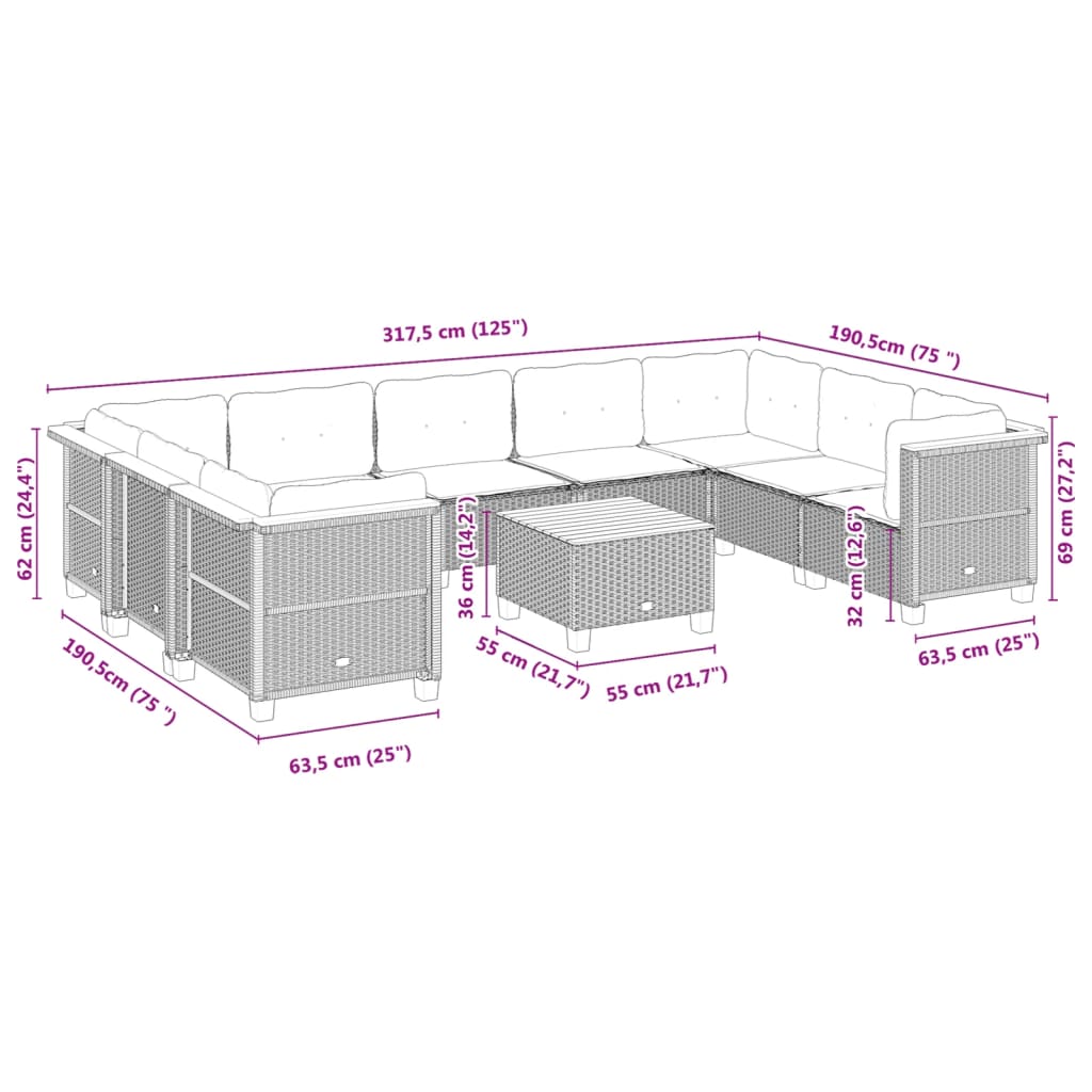 10 pcs conjunto sofás de jardim c/ almofadões vime PE cinzento