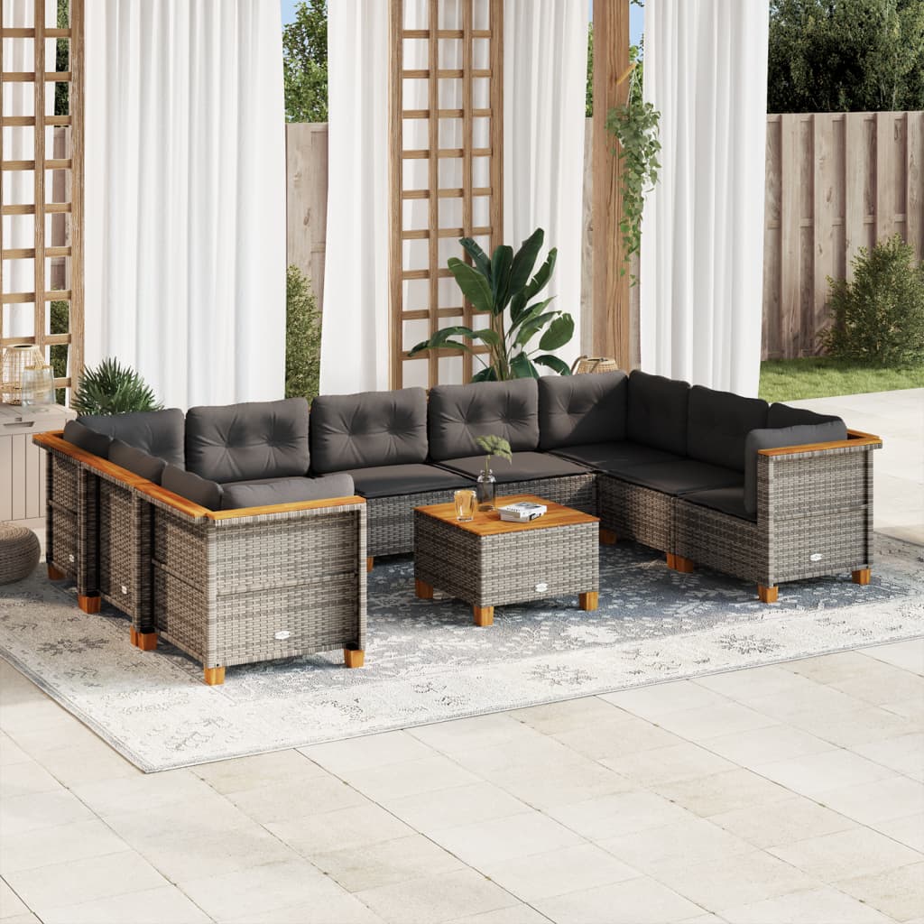 10 pcs conjunto sofás de jardim c/ almofadões vime PE cinzento