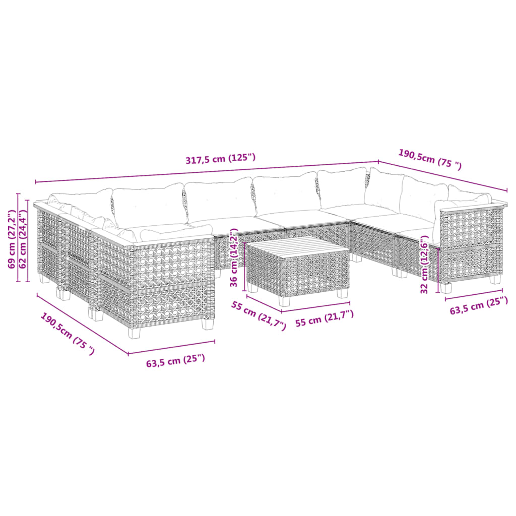 10 pcs conjunto sofás de jardim c/ almofadões vime PE cinzento