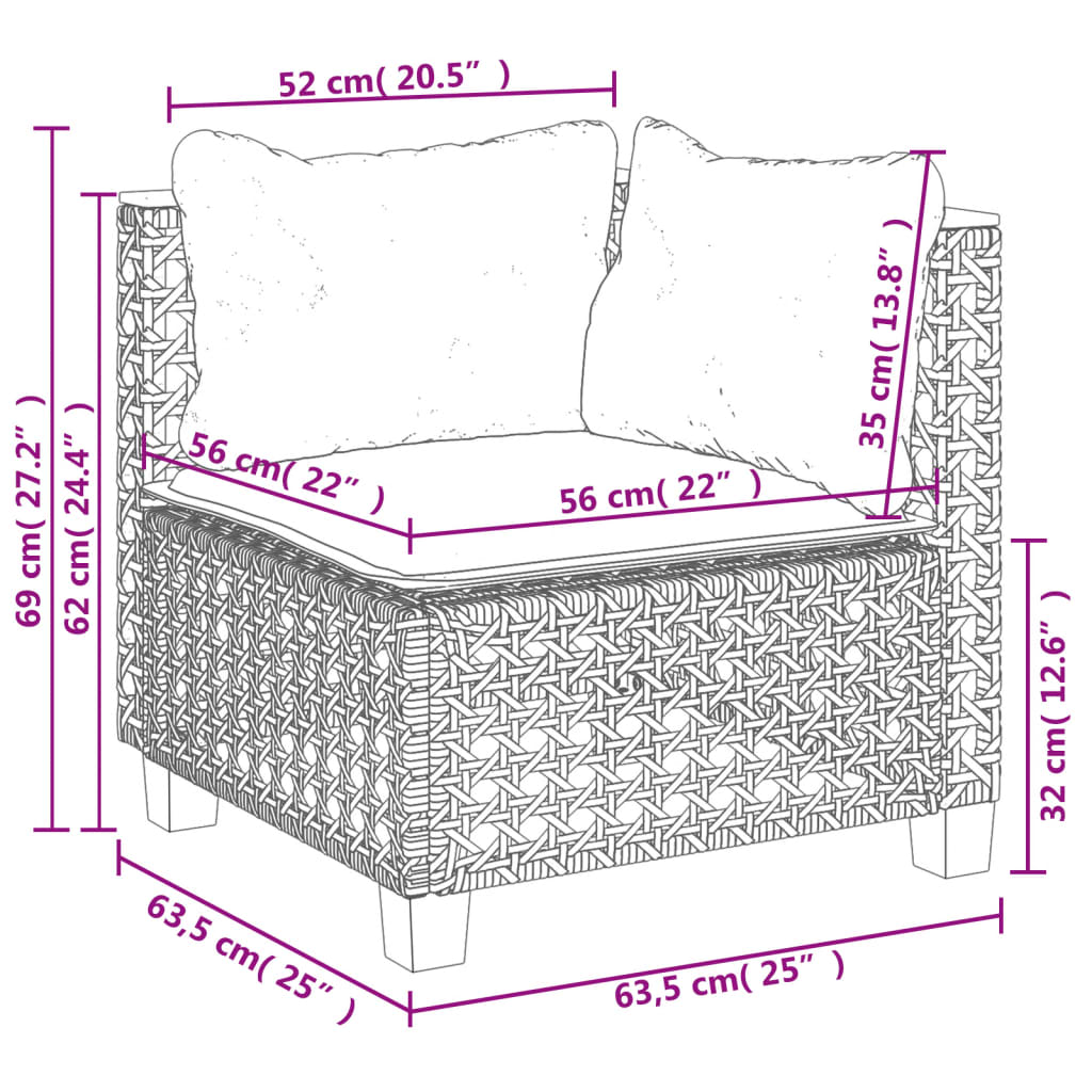 10 pcs conjunto sofás de jardim c/ almofadões vime PE cinzento