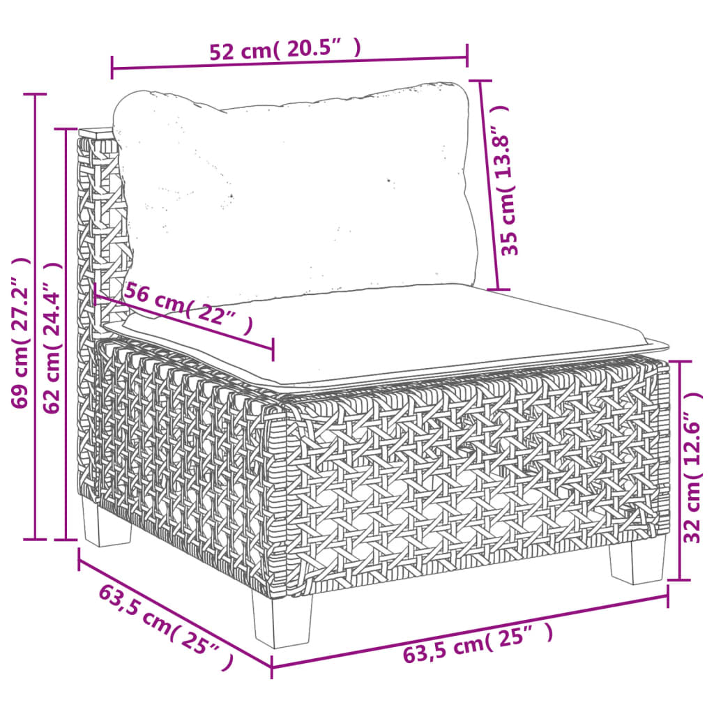 10 pcs conjunto sofás de jardim c/ almofadões vime PE cinzento