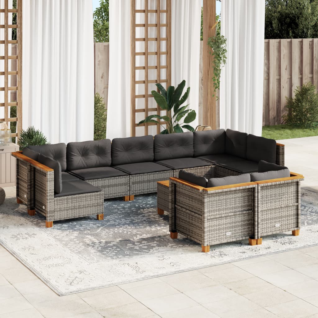 10 pcs conjunto sofás de jardim c/ almofadões vime PE cinzento