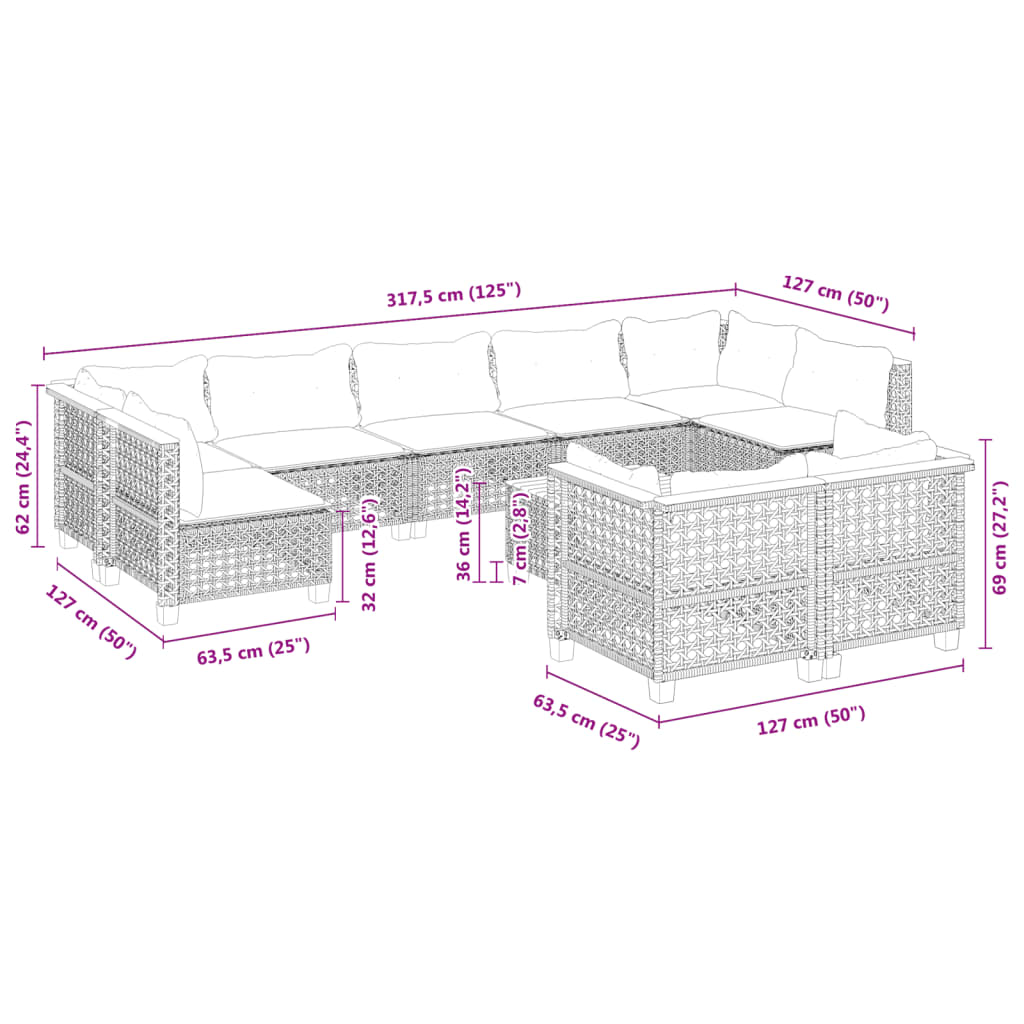 10 pcs conjunto sofás de jardim c/ almofadões vime PE cinzento