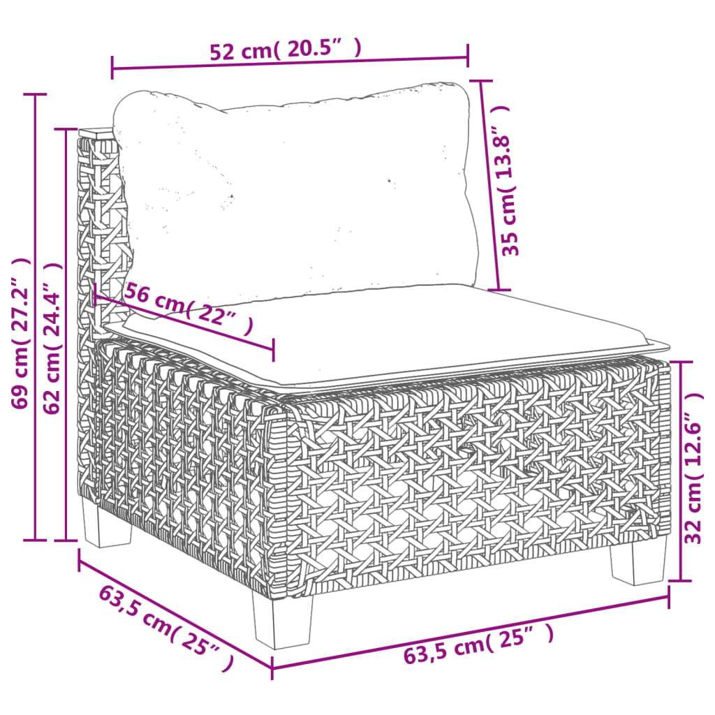 10 pcs conjunto sofás de jardim c/ almofadões vime PE cinzento