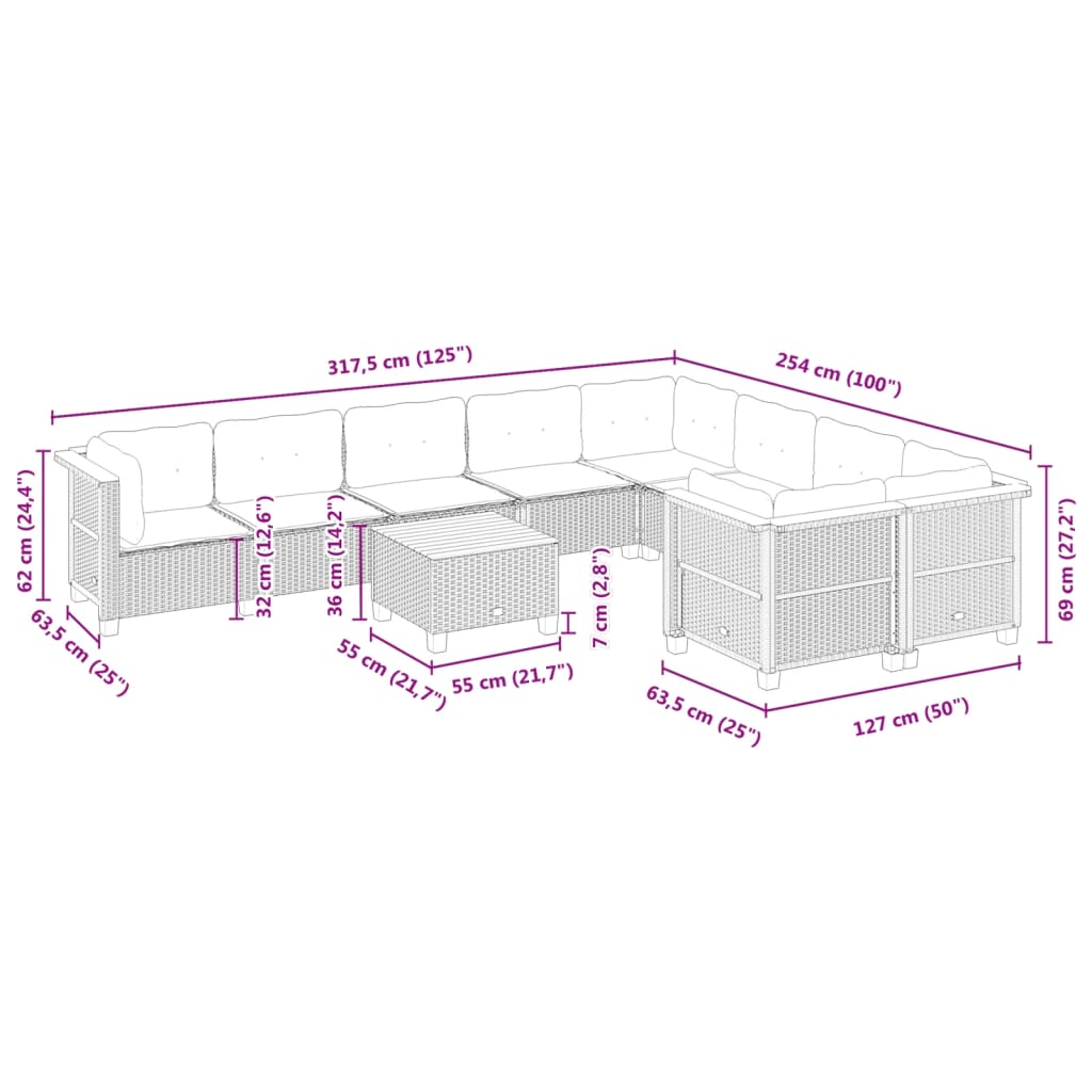 10 pcs conjunto sofás de jardim c/ almofadões vime PE cinzento