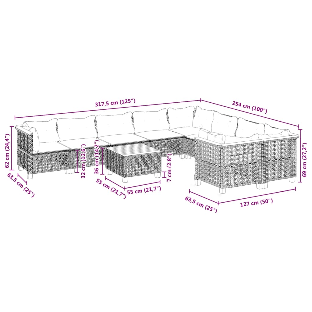 10 pcs conjunto sofás de jardim c/ almofadões vime PE preto