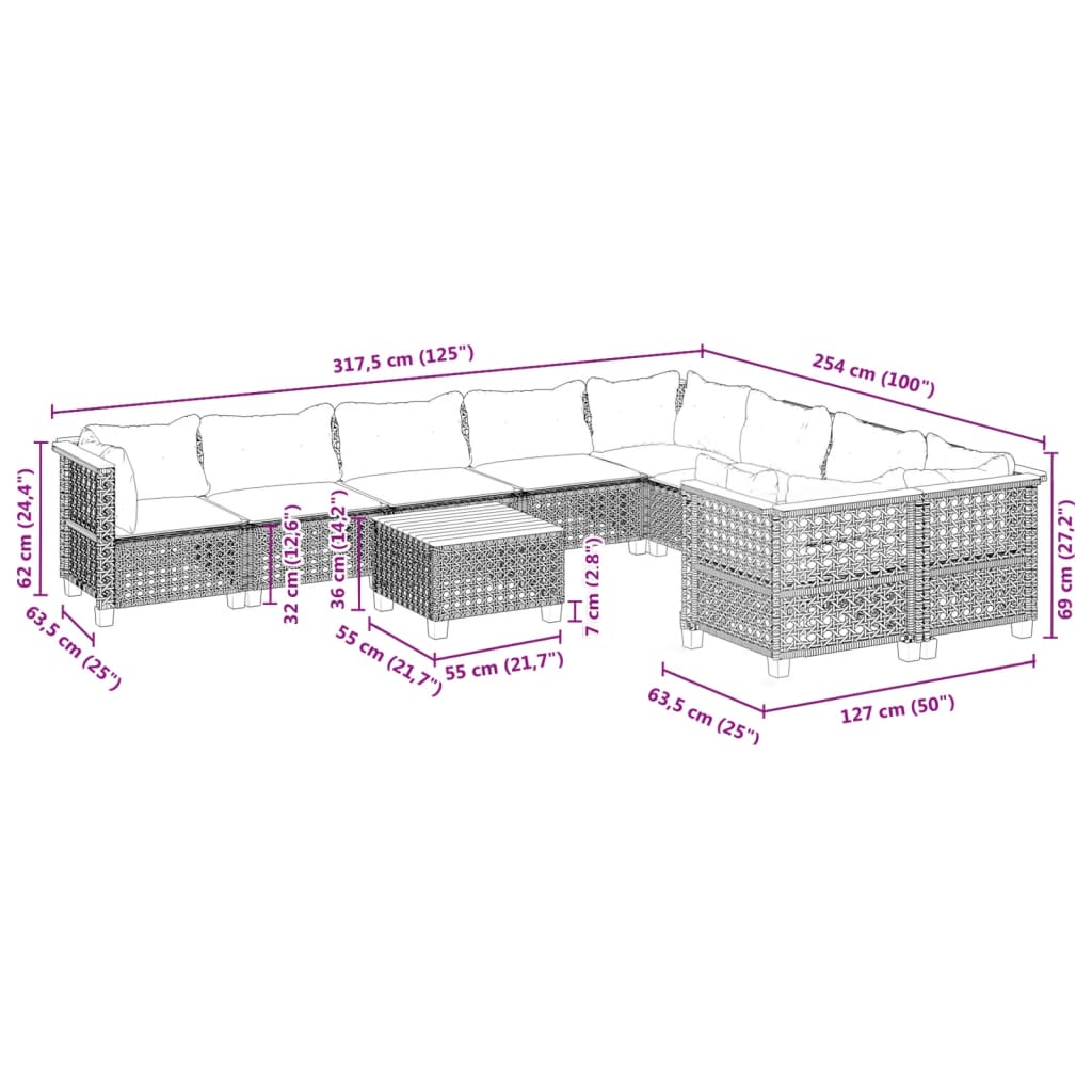 10 pcs conjunto sofás de jardim c/ almofadões vime PE cinzento