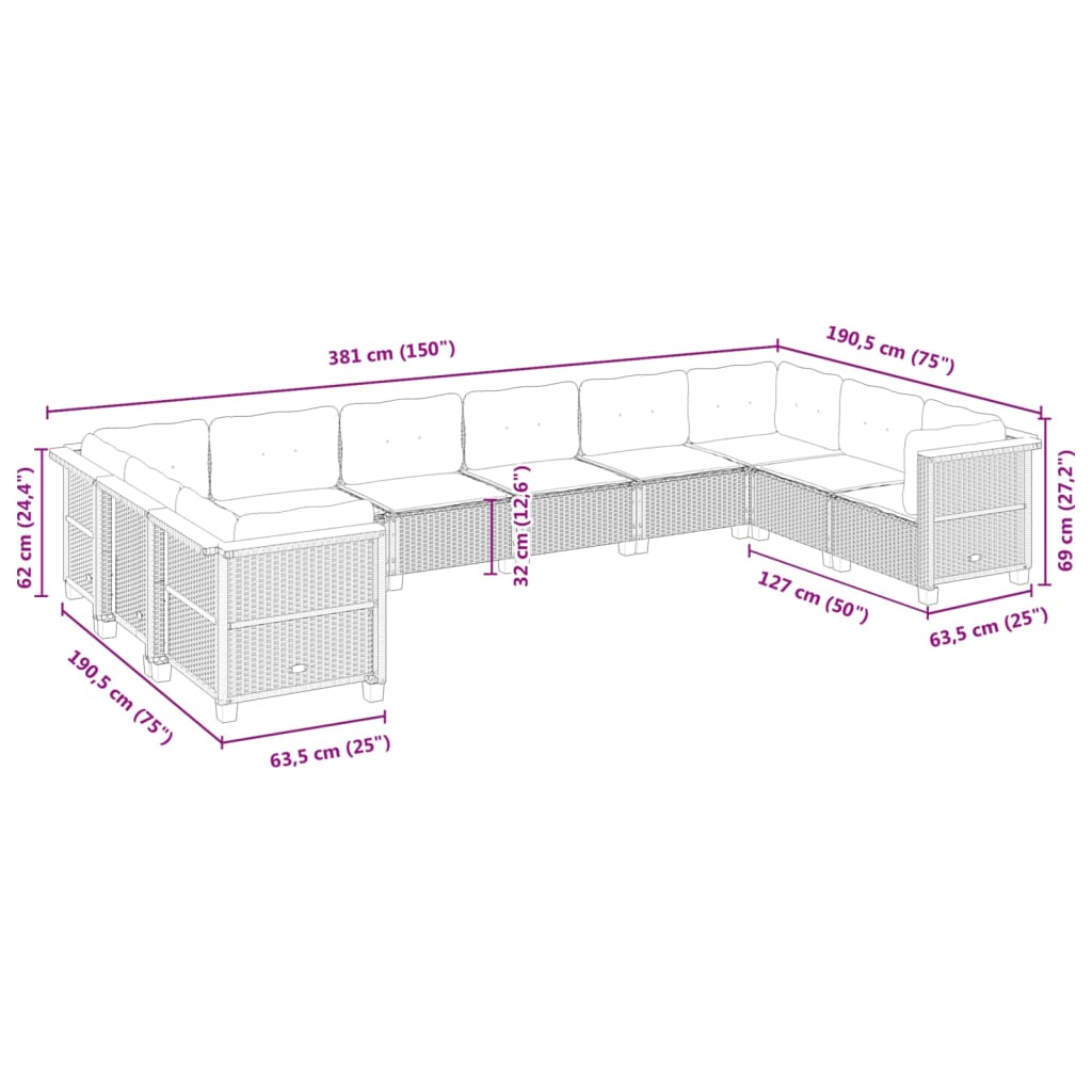10 pcs conjunto de sofás p/ jardim com almofadões vime PE bege