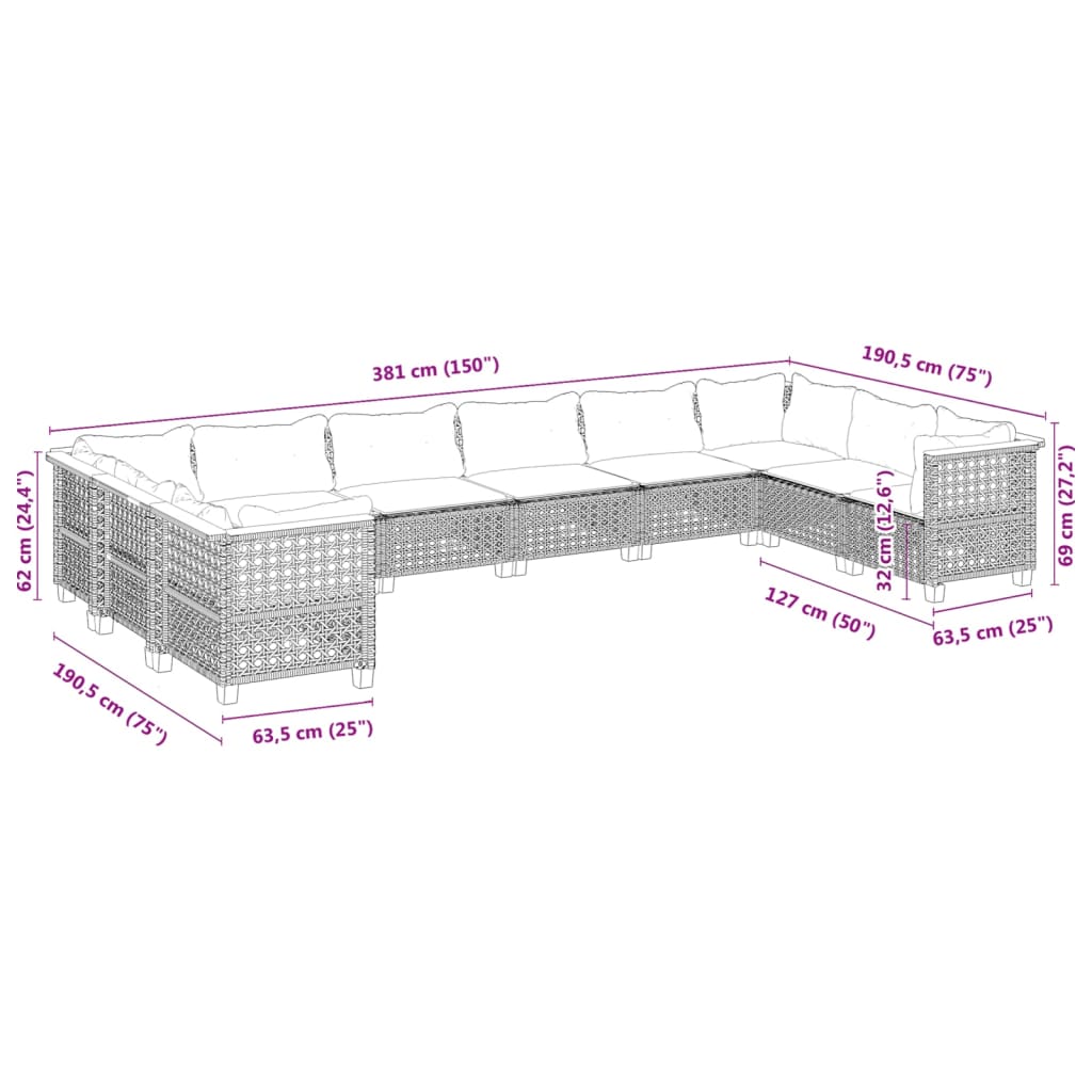 10 pcs conjunto sofás de jardim c/ almofadões vime PE cinzento