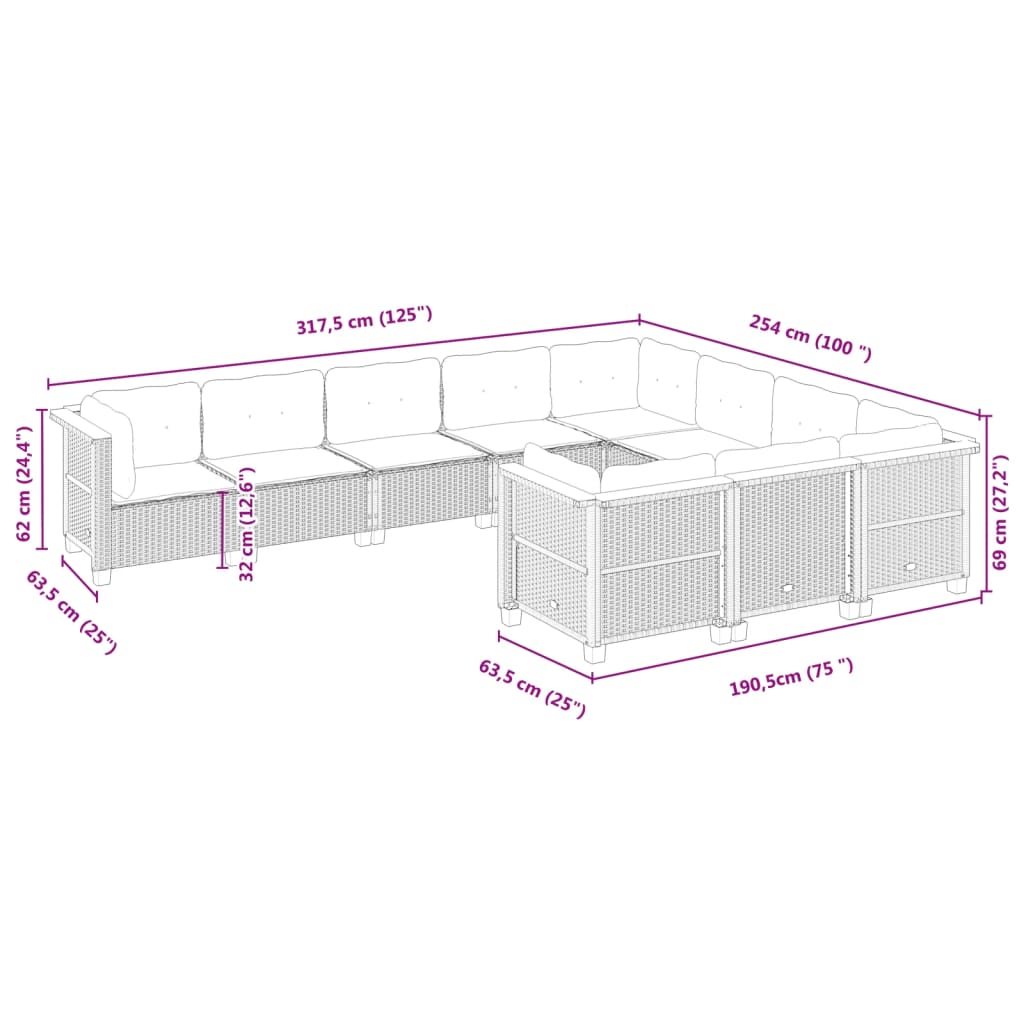 10 pcs conjunto sofás de jardim c/ almofadões vime PE preto