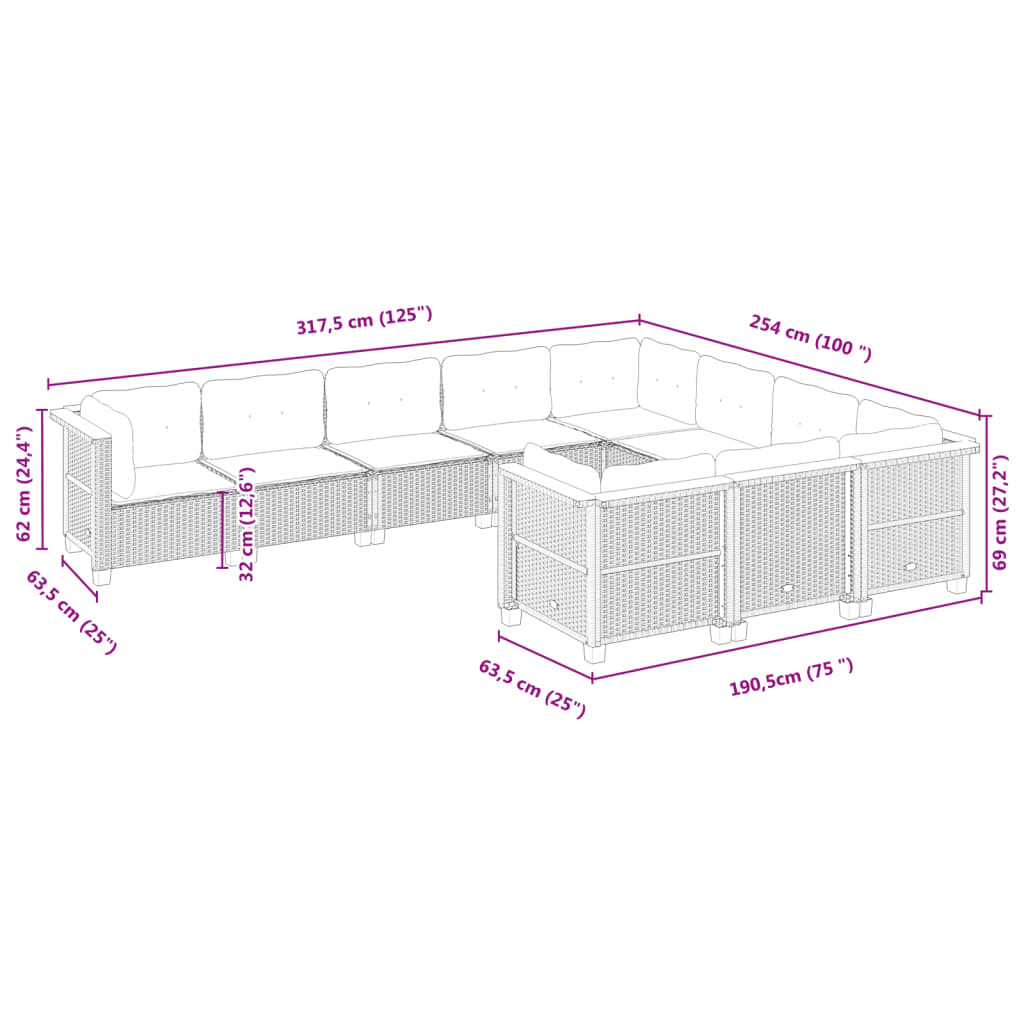 10 pcs conjunto sofás de jardim c/ almofadões vime PE cinzento