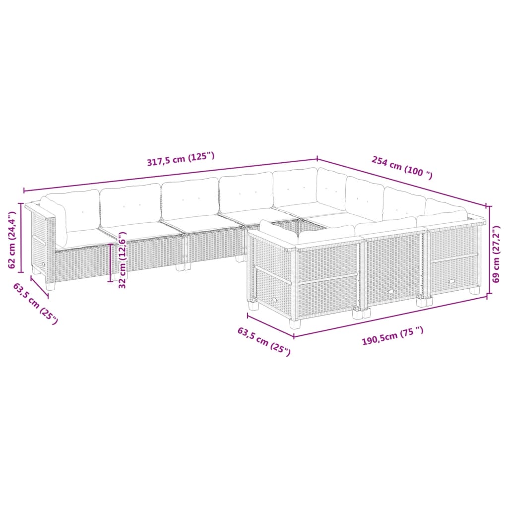 10 pcs conjunto de sofás p/ jardim com almofadões vime PE bege