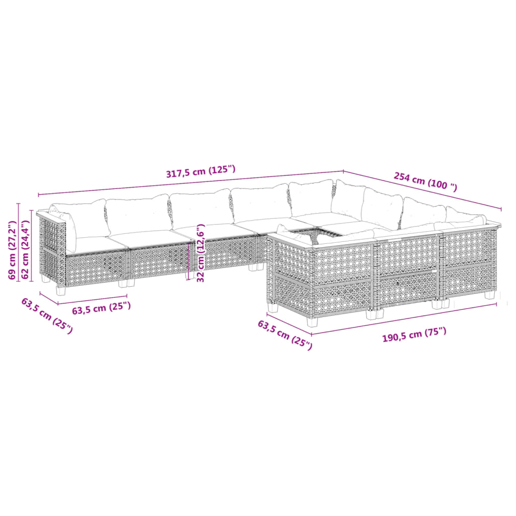 10 pcs conjunto sofás de jardim c/ almofadões vime PE cinzento