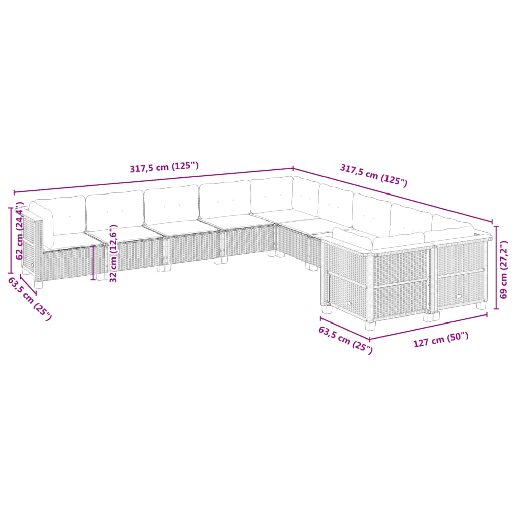 10 pcs conjunto de sofás p/ jardim com almofadões vime PE bege