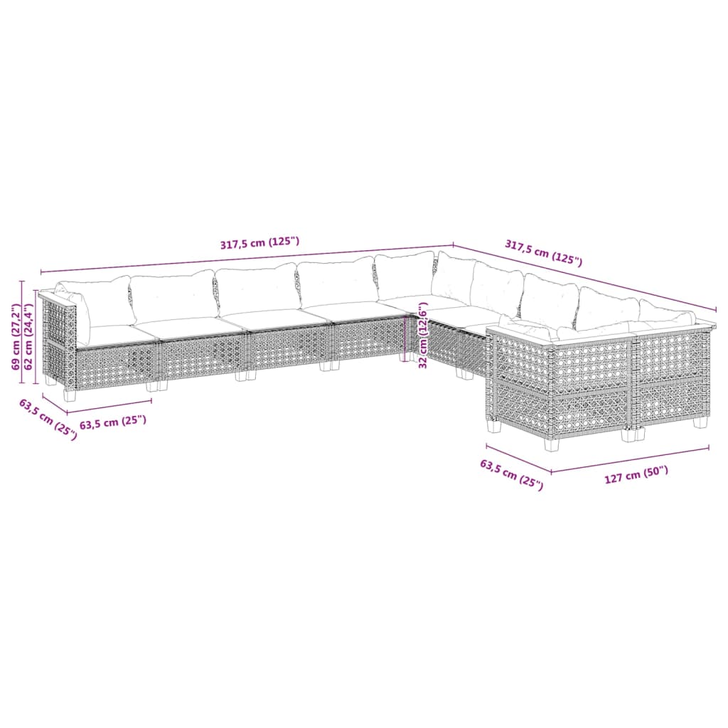 10 pcs conjunto sofás de jardim c/ almofadões vime PE cinzento