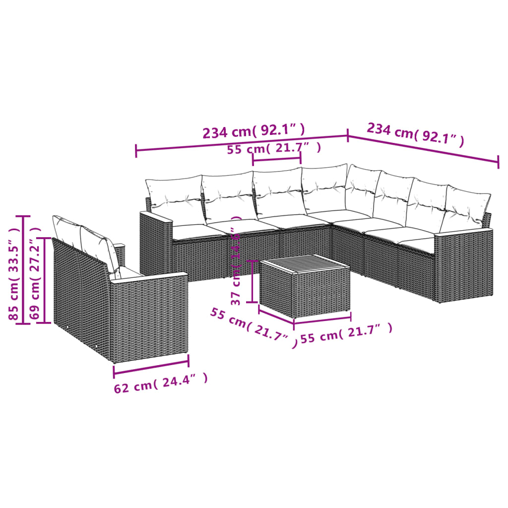 10 pcs conjunto de sofás p/ jardim com almofadões vime PE bege